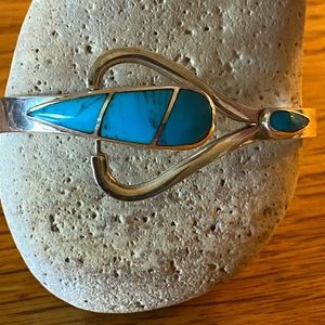 Taxco Mexico Sterling 925 Silver & Inlay Turquoise Stones Hinged Bangle Bracelet